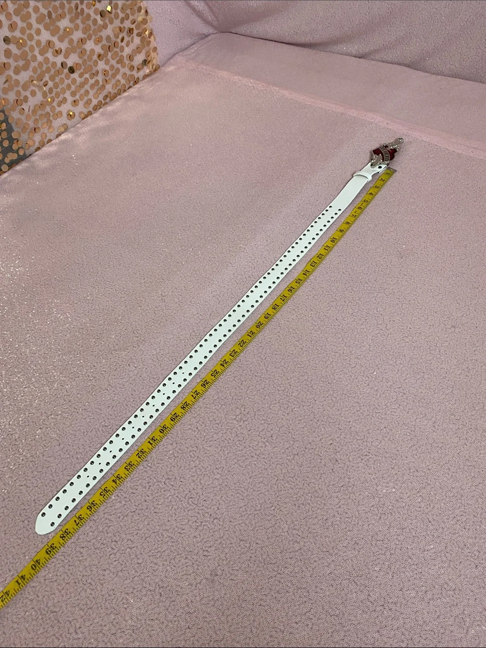 White studded belt with red and silver heart buckle #475